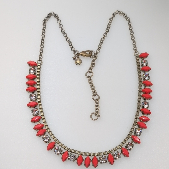 J. Crew Coral Pink & Rhinestone Statement Necklace - Muted Gold Tone - Picture 3 of 7